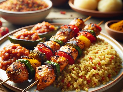 Jollof Quinoa with Grilled Chicken Skewers