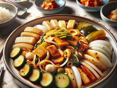 Korean Spicy Rice Cakes (Tteokbokki) with Fish Cakes and Vegetables