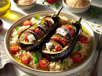 Mediterranean Stuffed Eggplant with Quinoa and Feta