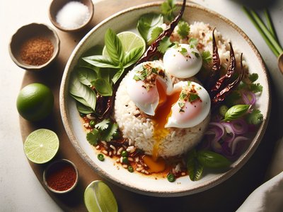 Thai Savory Coconut Rice with Spicy Poached Eggs